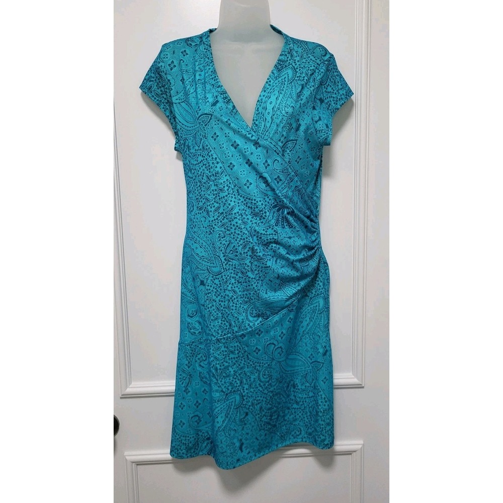 Athleta Nectar Faux Wrap Aqua Paisley Ruched Stretch Dress Sz Lp